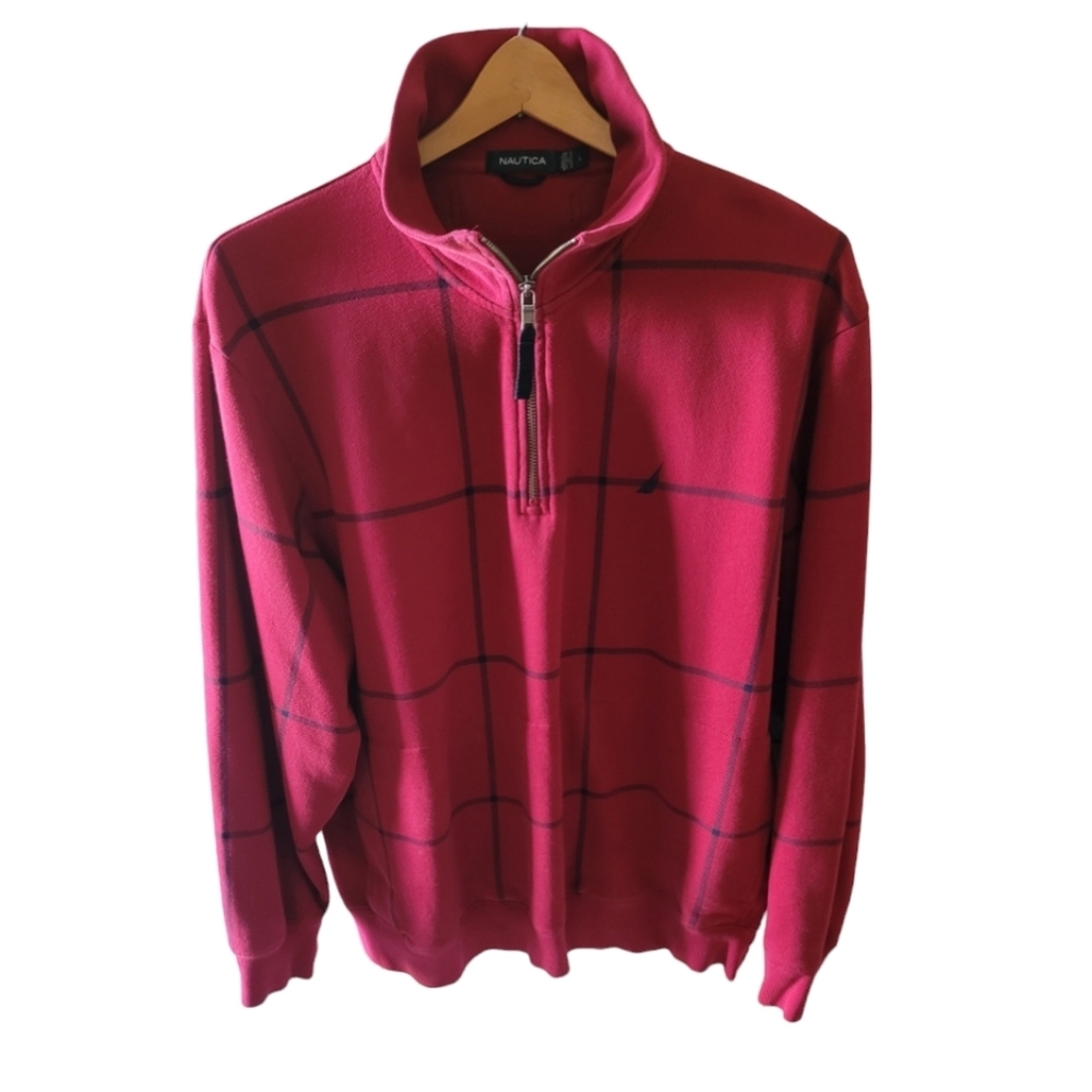Nautica 1/4 Zip Pullover Jumper Red Navy Window Pane Plaid Size Large Preppy